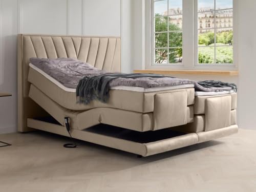 Vente-unique-Conjunto Completo boxspring cabecero + somieres eléctricos articulados + colchón + sobrecolchón - 2 x 90 x 200 cm - Terciopelo - Beige - LUMONI de YSMÉE