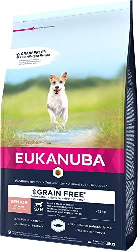 Eukanuba Hundefutter getreidefrei mit Fisch für kleine und mittelgroße Rassen - Trockenfutter für Senior Hunde, 3 kg