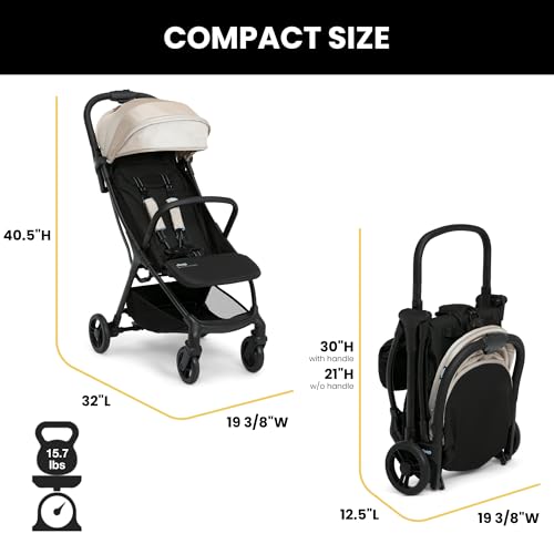 Image of Jeep Altitude Compact Travel Stroller by Delta Children Greenguard Gold, Easy One Hand Fold, Lightweight, Extendable Canopy with Peek-a-Boo Window, Reclining Seat, 4 Wheel Suspension, Tan