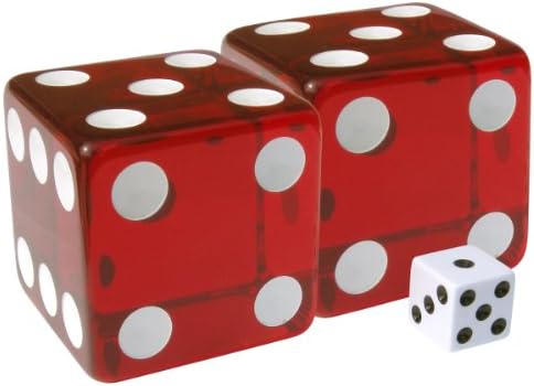 Kardwell International Two Inch Dice: 2" Large Red Transparent Dice with Square Corners, Pack of 4 Dice (5/8" die shown for scale only)