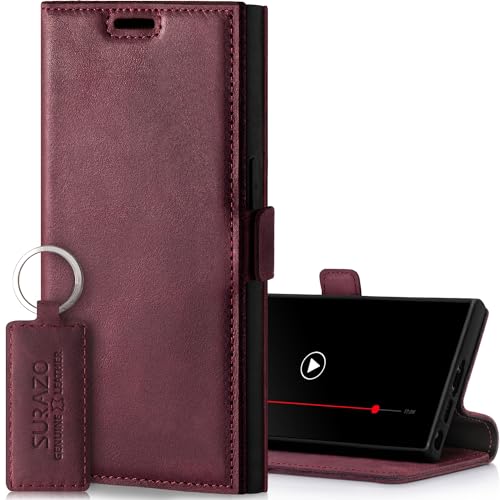 Custodia slim magnetica per Samsung Galaxy S24 Ultra in vera pelle con scomparto per carte di credito protezione RFID a portafoglio Borgogna