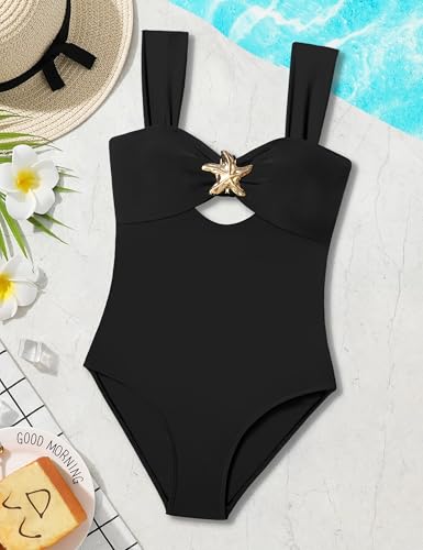 Image of Girl Swimsuit One Piece Cutout Ruched Bathing Suit for Girls Color Block Adjustable Straps Pad Swimwear 9-18y