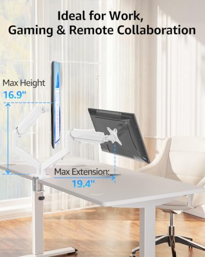 Image of MOUNTUP Dual Monitor Stand for Desk, Monitor Arms for 2 Monitors Max 32 Inches, Height Adjustable Double Monitor Mount, VESA Mount with C-Clamp & Grommet Base, Holds 4.4-17.6lbs, White