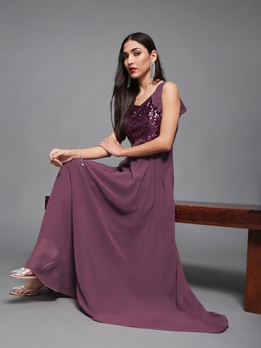 Image of Miss Chase Women's Round Neck Sleeve Embellished Fit Flare Maxi Dress