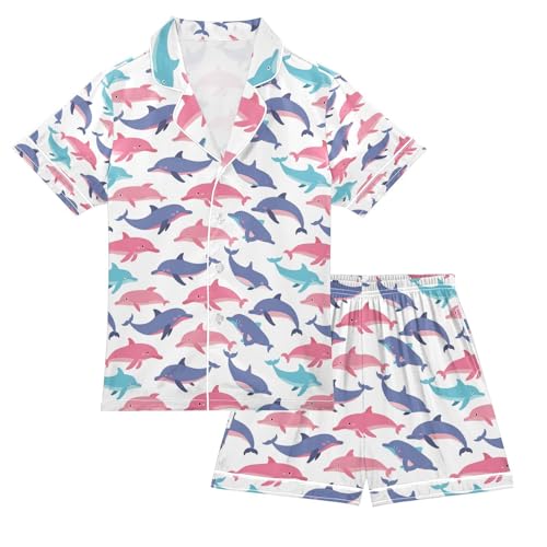 senya Fantastic Whale Satin Summer Pajama Sets Silk Short Sleeve Button Down Sleepwear