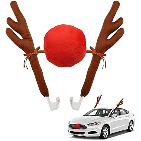 Abnaok Car Reindeer Antler Kit and Nose, Reindeer Christmas Decoration for Car Window Roof-Top & Front Grille,Christmas Reindeer Antlers Auto Decoration Set for Car SUV Van Truck Cover