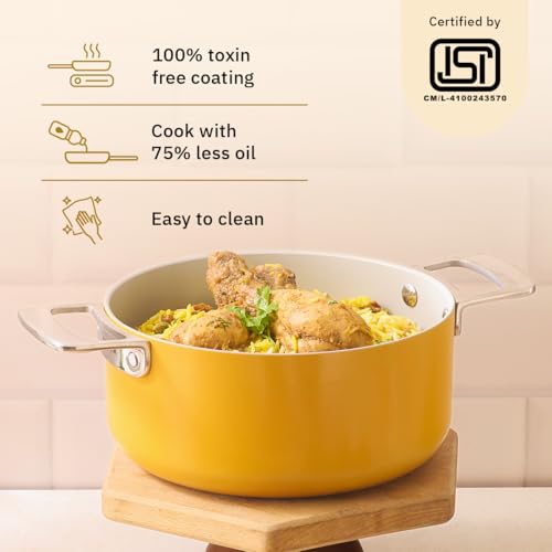 Image of Ember Cookware Arcilla Ceramic Dutch Oven 20 cm, 2.6L with Glass Lid | 75% Less Oil Usage | Non Stick Induction Cookware | ISI Certified | Biryani Pot | Steel Handle | 5-Year Warranty | Benares Gold