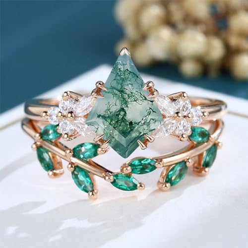 10K 14K 18K Rose Gold 2CT Natural Moss Agate Engagement Ring Set 925 Sterling Silver Oval/Hexagon/Kite/Marquise Cut Gemstone Genuine Green Moss Agate Bridal Wedding Ring Set for Women Size 4-122
