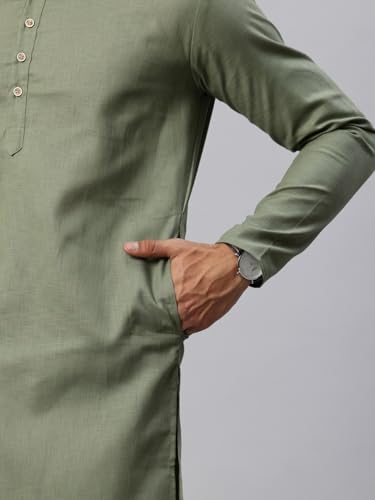 Image of Majestic Man Men's Cotton Regular Fit Casual Mandarin Collar Ethnic Motifs Solid Long Kurta