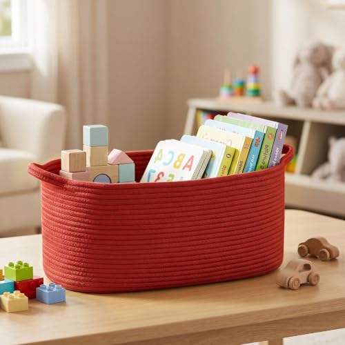 Image of Large Woven Gift Basket Empty, Red Cotton Rope Storage Bin with Handles, Dog Toy Box, Baby Nursery Organizer Bin, Decorative Shelf Basket, Blanket Storage, Room Decor, Red, 19.6 inchx11 inchx7.8 inch