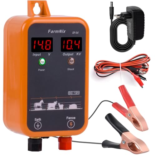 FarmNix Électrificateur Clôture Électrique 12V avec affichage LED numérique, 1J 230V pour portée 8 KM, pour petits animaux, volailles et animaux...