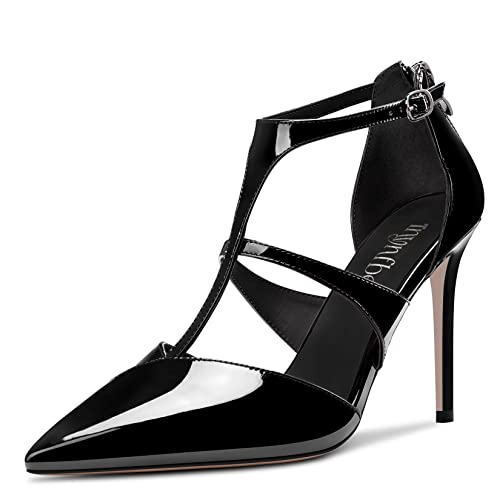 TNYNFBEB Women Stiletto High Heel Close Pointed Toe Pumps T-Strap Zipper Party Office Basic Classic 3.9 Inches Heels
