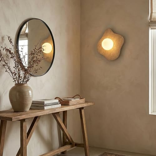 Image of Round Alabaster Wall Sconce, Modern Bathroom Light Fixture with Natural Marble Shade for Bedroom, Hallway, Stairs (Hardwired)