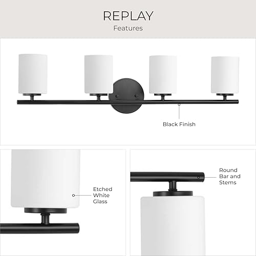 Image of Replay Collection 4-Light Etched Glass Modern Bath Vanity Light Textured Black