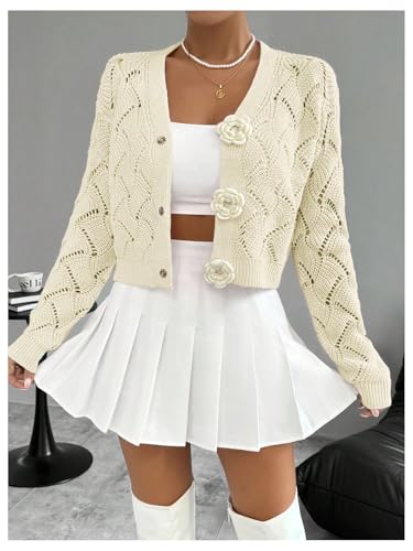 Image of GORGLITTER Women's Crochet Button Up Cropped Cardigan Cute Floral Long Sleeve Knit Sweater Tops Dressy Going Out Outfits