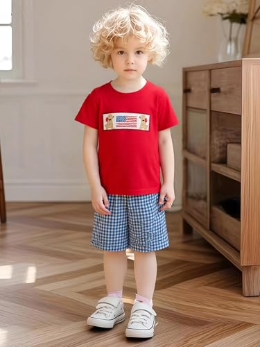 Image of Toddler Boy 4th of July Outfit Embroidered American Flag /Truck Shirt+Striped Shorts Independence Day 1-5T