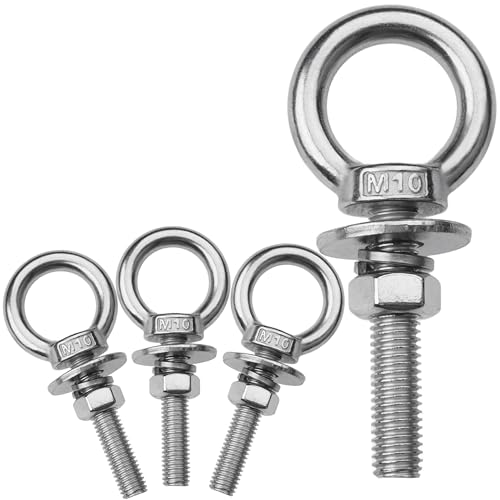 Image of 4 Pack M10 Eye Bolts with Nuts, 304 Stainless Steel 3 /8 inch x 2 inch Heavy Duty Lifting Eye Bolts, Metric M10x51mm Ring Eye Bolt for Hanging, Tie Down, Outdoor & Hardware Fixing (4, 3 /8 inchx2 inch)