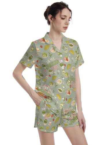 Image of Funny Pajamas for Women Set Print Satin Loungewear Pjs Short Sleeve Button Down Top and Shorts Sets Sleepwear XS-3XL