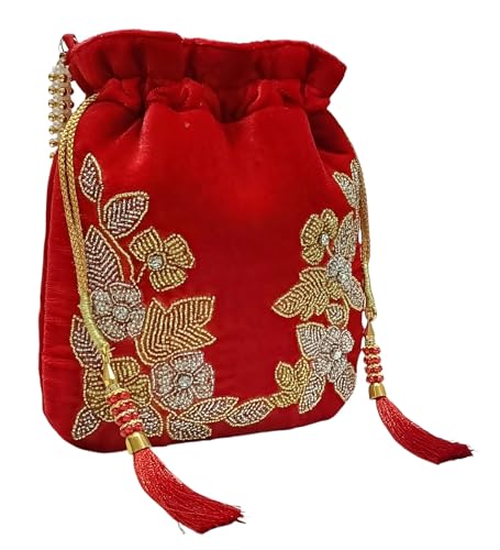 Image of Velvet Potli Bag with Golden & Silver Beaded Flower Embroidery - Handcrafted Ethnic Drawstring Bag for Weddings, Parties & Festive Gifts - Beaded Handle & Tassels for Women