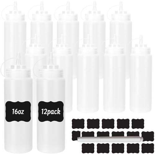 DHSBTLS 16 oz Plastic Squeeze Bottles with Tethered Caps 12 Pack