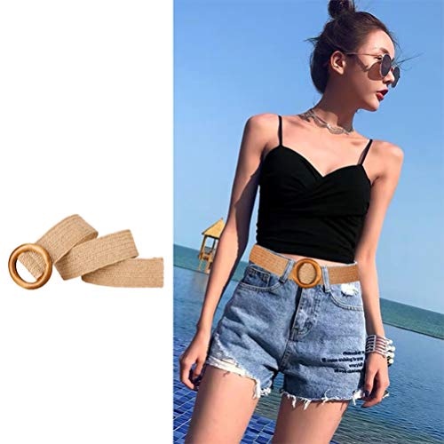 Retro Ladies Woven Belt with Round Wooden Buckle, Fashion Waist Belt for Women, Brown, 37 Inches3