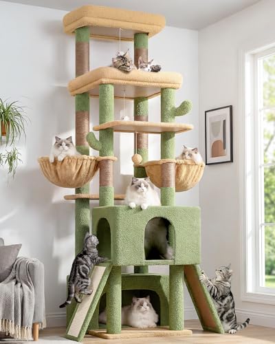 Globlazer Heavy Duty Cat Tree 78 inch Sturdy Cactus Cat Tower for 20lbs Large Adult Cats Symmetrical Aesthetic Big Cactus Cat Tree with Extra Large Platform 2 Scratching Boards Z78 Green