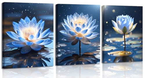 Image of Blue Lotus Flower Wall Art Prints,Framed Watercolor Lotus Flower Print Wall Art for Zen Office Decor,Botanical Canvas Art Prints for Bathroom Home Office Living Room Yoga Decor Set of 3(8 inchX10 inchin)