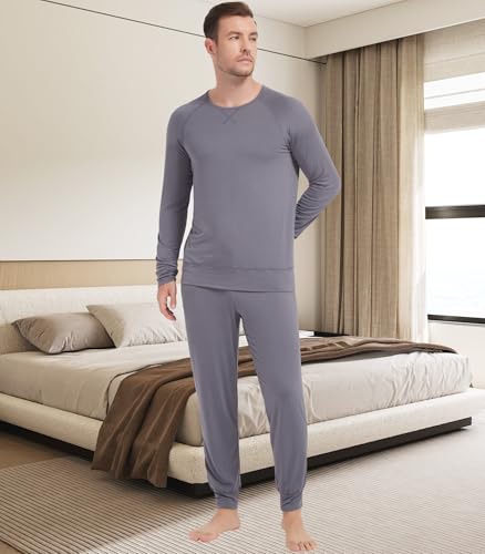 Image of NACHILA Mens Pajamas Set Long Sleeve Henley Sleepwear Top Soft Jogger Pants Pajamas Cool Pjs Set,Viscose Made from Bamboo