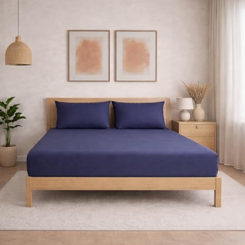 Image of THE HOME STYLE Solid Plain Cotton Feel Fitted Bedsheet (72x78 inches) with Reversible Comforter (90x100 inches) | King Size | 2 Pillow Covers | 300 TC | 4-Piece Bedding Set (Blueberry)