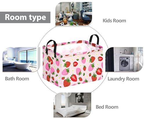 Image of Strawberry Print Storage Box Girls Gifts Basket Clothes Hamper Basket Collapsible Organizer Bin Gift Shelf Baskets for Home and Kitchen Storage.