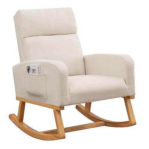 Image of HOMYKA Rocking Chair Nursery Upholstered Glider Chair with Rubber Wood Legs Side Pocket, Rocker Accent Armchair for Living Room,Beige
