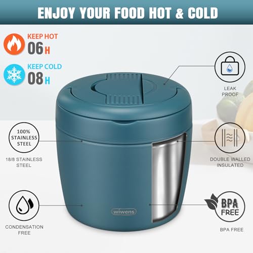 Image of wiwens Thermo Food Jar for Hot Food Adults 32OZ Soup Thermo Lunch Containers Wide Mouth Vacuum Insulated Stainless Steel Leakproof Bento Box with Spoon (lake blue)