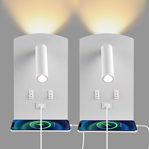 2Pcs Lámpara de Pared LED, Aplique de Pared LED Regulable Interior, Lámpara de Pared de Lectura, 12W 3000K Aplique de Pared Cabecera con Puerto de Carga USB e Interruptor para Dormitorio, Pasillo(D)