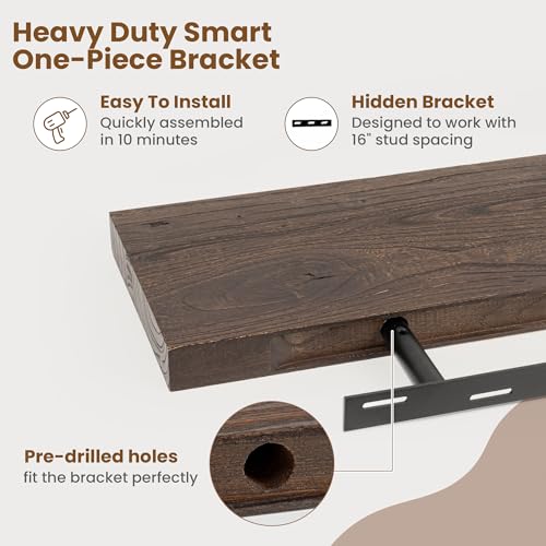 Image of Floating Shelves for Wall Decor, 8 Inch Deep Rustic Solid Elm Wood Floating Shelves Wall Mounted, Wall Shelves with Invisible Bracket for Living Room Bathroom Bedroom Kitchen, 32 Inch Set of 2, Walnut