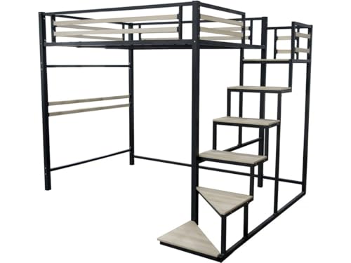 HABITAT ET JARDIN Cama Alta de Metal con escaleras Lena - 140 x 200 cm - Negro