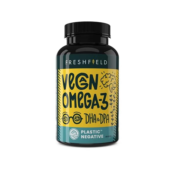 Freshfield-Vegan-Omega-3-DHA-Supplement-2-Month-Supply-Premium-Algae-Oil-Plant-Based-Sustainable-Mercury-Free-Better-Than-Fish-Oil-Supports-Heart-Brain-Joint-Health-with-DPA-Natural-60 Freshfield Vegan Omega 3 DHA + DPA: Premium, Carrageenan Free, Compostable Bottle Made from Plants, Fish Oil Replacement, Carbon Neutral. Supports Heart, Brain, Joint Health (60)