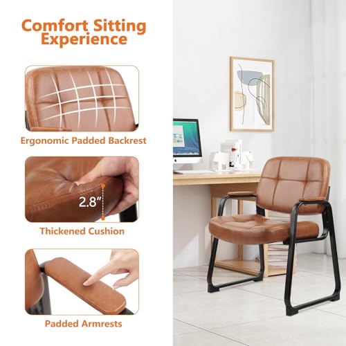 Image of CLATINA Big & Tall Waiting Room Guest Chair Comfortable Reception Chairs with Bonded Leather Padded Arm Rest and Sled Base for Office Reception Lobby and Conference Desk, Brown(2 Pack)