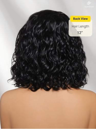 Image of Sunber Put On and Go Water Wave Bob Wig Human Hair No Slip Glueless Wig with Invisible Drawstring 220% Density Pre Cut HD Lace Front Wig Pre Plucked Bye Bye Knots Short Wet and Wavy Bob Wig 10inch