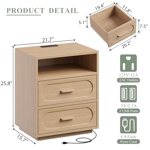 Image of 2 Pieces Bedroom Set, Queen Size Bed Frame with Storage Headboard, Nightstand with Charging Station, Natural Oak