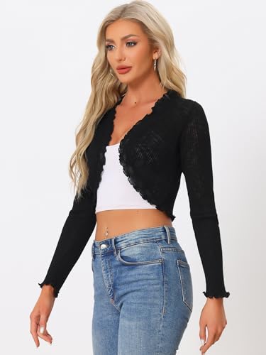 Image of Allegra K Women's Spring Crop Shrug Ruffle Trim Long Sleeve Knit Open Front Casual Bolero Cardigan