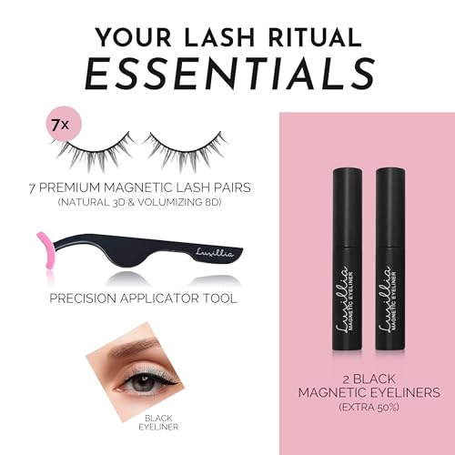 Luxillia Magnetic Eyelashes Kit – 10 Piece Magnetic Eyelash & Eyeliner Set with Applicator – Natural Look Easy Apply Reusable Fake Extension Lashes, No Glue – Pestañas Postizas Magnéticas Naturales
