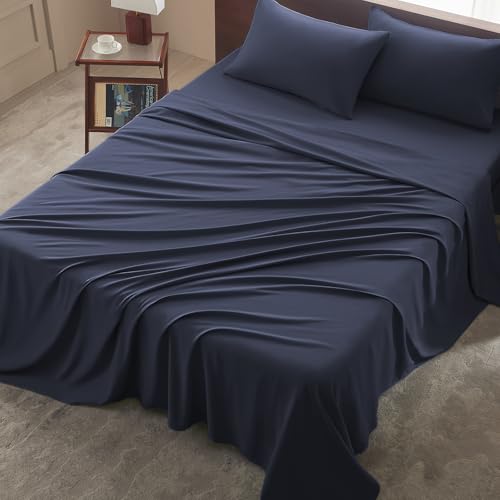 Image of Queen Size 4 Piece Sheet Set - Comfy Breathable & Cooling Bed Sheets Set, Soft and Wrinkle Free, Deep Pockets, Easy & Secure Fit, Hotel Luxury Bedding - Oeko-Tex - Navy Blue