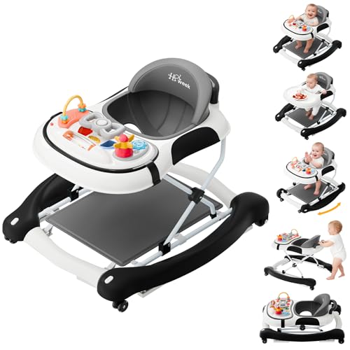 Image of 5-in-1 Foldable Baby Walker,Music and Lights Baby Walker with Wheels,Height Adjustable Infant Walker, with Activity Center, Rocker, Bouncer,Push Walker & Feeding Tray for Babies 6-18 Months (Black)
