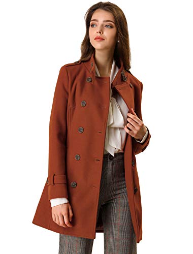 Allegra K Women's Stand Collar Double Breasted Pockets Trendy Outwear Winter Coat with Belt M Brown
