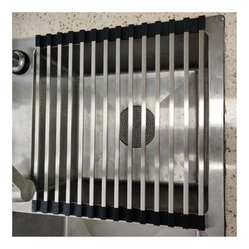 Escurreplatos plegable de acero inoxidable sobre el fregadero, negro, 50 x 48 cm, ahorra espacio, para platos y sils, resistente a la corrosión, fácil de limpiar