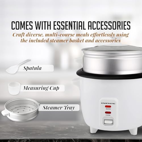 OVENTE Electric Rice Cooker and Food Steamer – 10-Cup Cooked Capacity (5 Cups Uncooked), Nonstick Removable Pot, Keep Warm Function, Steaming Basket, Measuring Cup & Spatula Included, White RCS01W