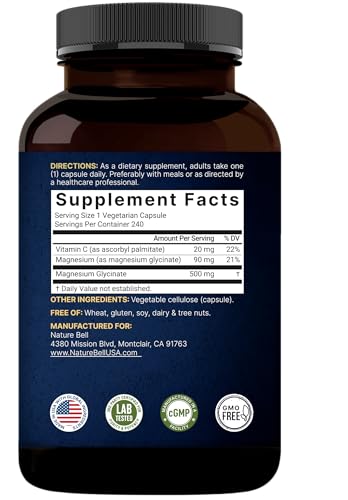 image for Naturebell Pure Magnesium Glycinate 500mg, 240 Veggie Capsules | 100% 