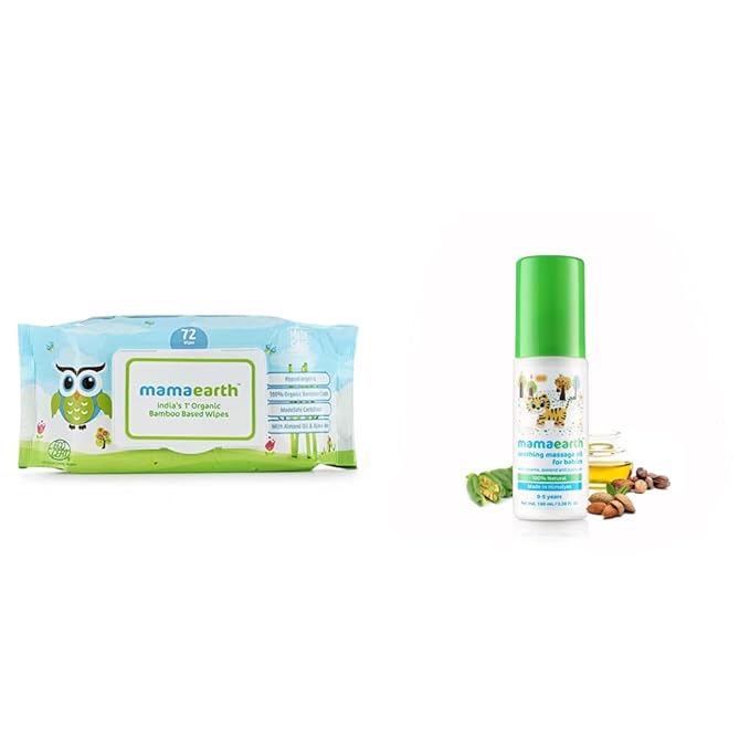 Mamaearth Indias First Organic Bamboo Based Baby Wipes (72 Wipes) & Soothing Massage Oil for Babies (100 ml, 0-5 Yrs) Combo