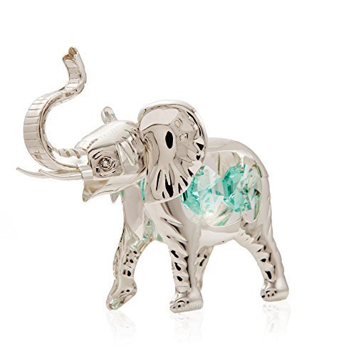 Silver Plated Highly Polished Beautiful Elephant with Open Mouth Ornament Made with Genuine Matashi Mint Green and Clear Crystals by Matashi