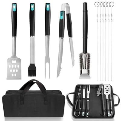 XSSIVE 5-Piece Grill Tools Set, Heavy Duty BBQ Utensils with Extra Tough Wire Brush, Spatula, Tongs, Fork & Basting Brush – Outdoor Grilling Accessories & Gifts for Men Dad (Camping, Backyard)